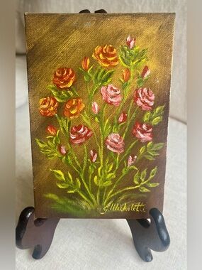 Vintage Italian Oil Painting Roses Signed Michelette Lucca 6x4